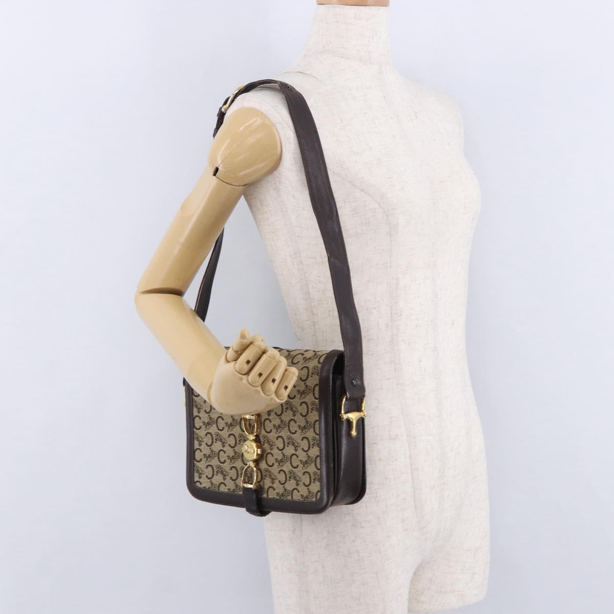 CELINE C Saluki Shoulder Bag Canvas Beige Gold Tone Auth ep15812