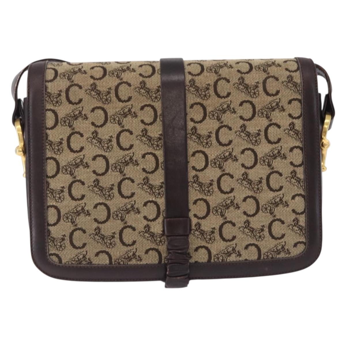 CELINE C Saluki Shoulder Bag Canvas Beige Gold Tone Auth ep15812