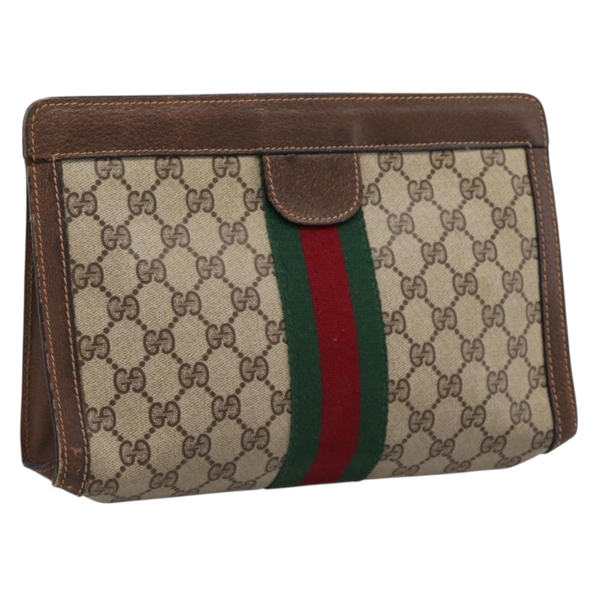 GUCCI PARFUMES GG Supreme Web Sherry Line Clutch Bag PVC Beige Auth ep15815