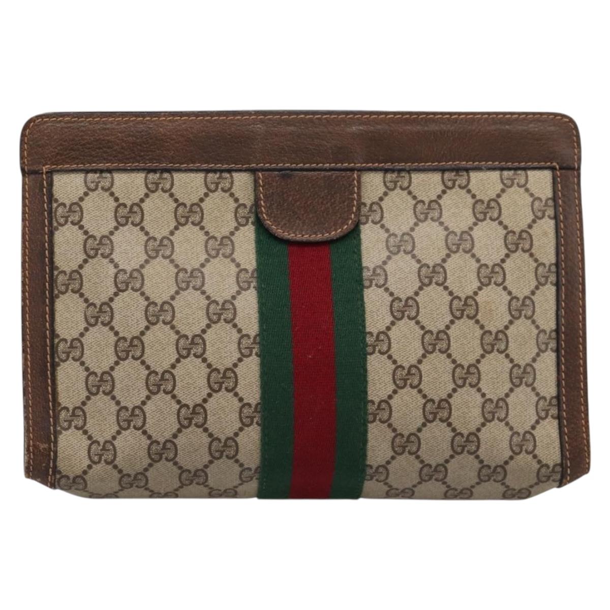 GUCCI PARFUMES GG Supreme Web Sherry Line Clutch Bag PVC Beige Auth ep15815