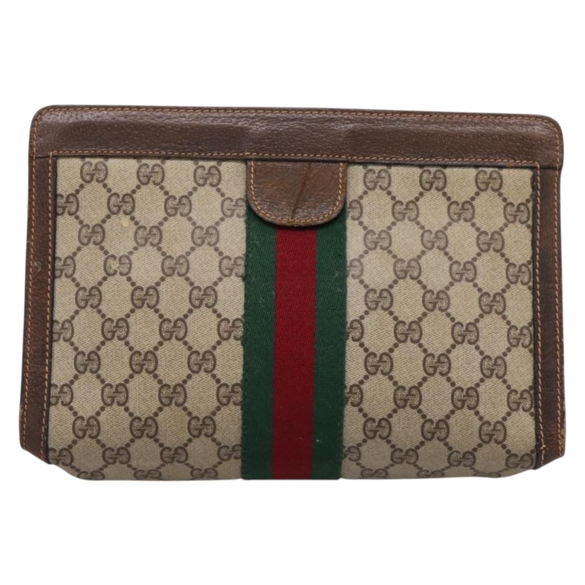 GUCCI PARFUMES GG Supreme Web Sherry Line Clutch Bag PVC Beige Auth ep15815
