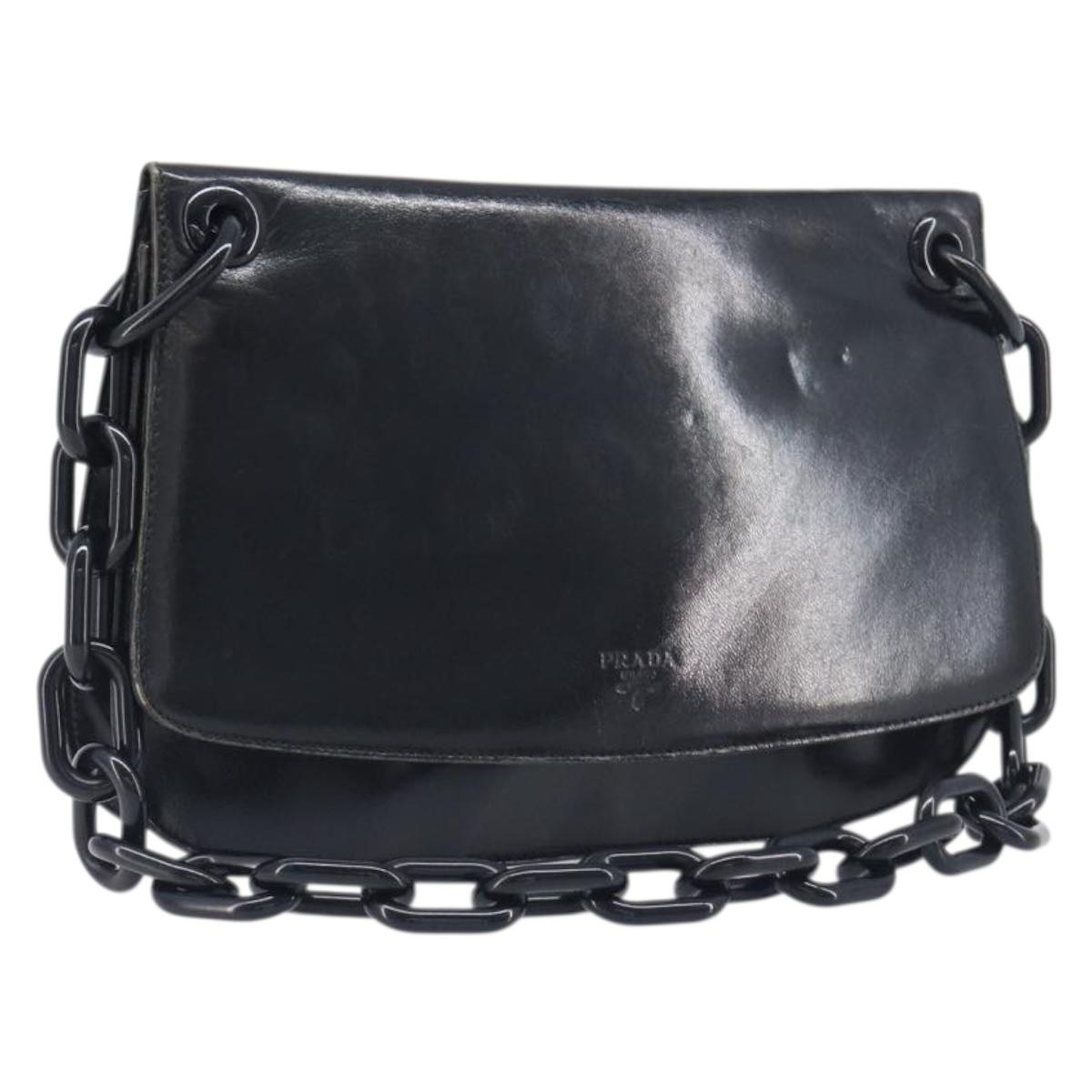 PRADA Chain Shoulder Bag Leather Black Silver Auth ep15821A