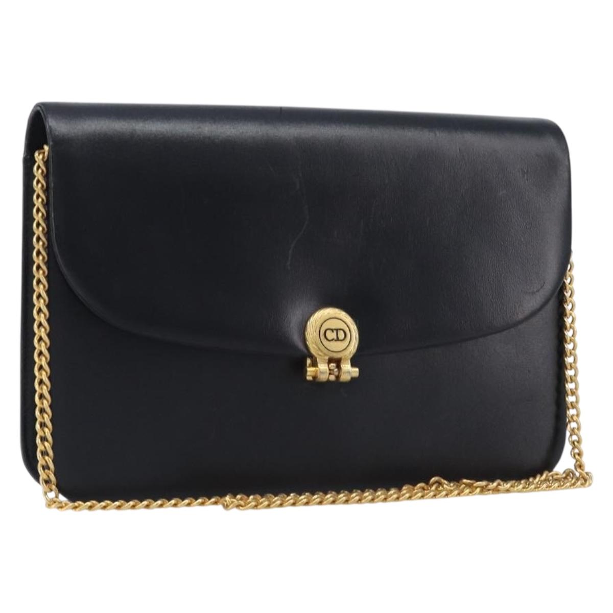 Christian Dior Chain Shoulder Bag Leather Black Gold Auth ep15864