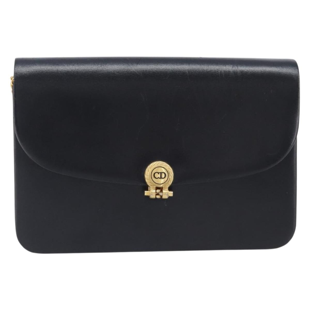 Christian Dior Chain Shoulder Bag Leather Black Gold Auth ep15864
