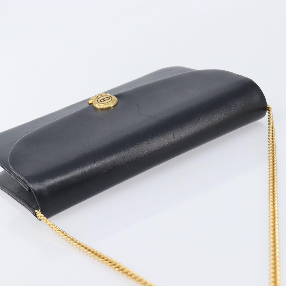 Christian Dior Chain Shoulder Bag Leather Black Gold Auth ep15864