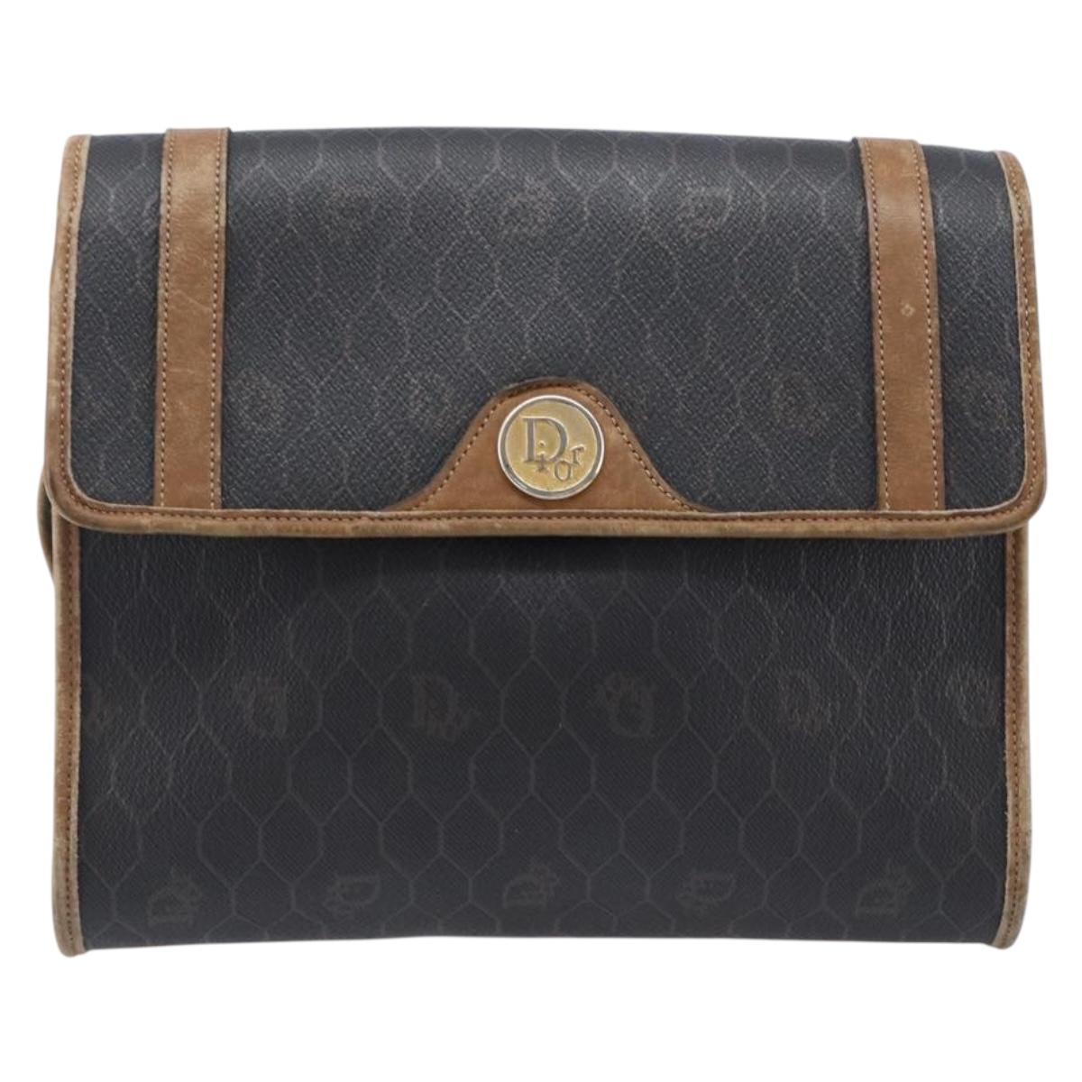 Christian Dior Honeycomb Canvas Shoulder Bag PVC Black Gold Auth ep15874