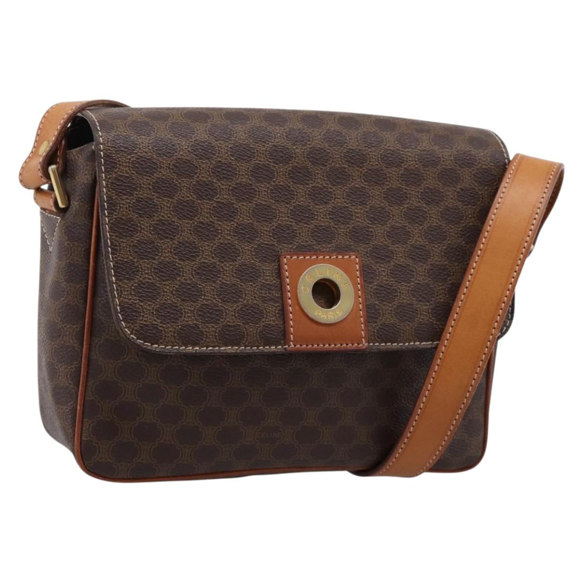 CELINE Macadam Canvas Shoulder Bag PVC Leather Brown Gold Auth ep15895