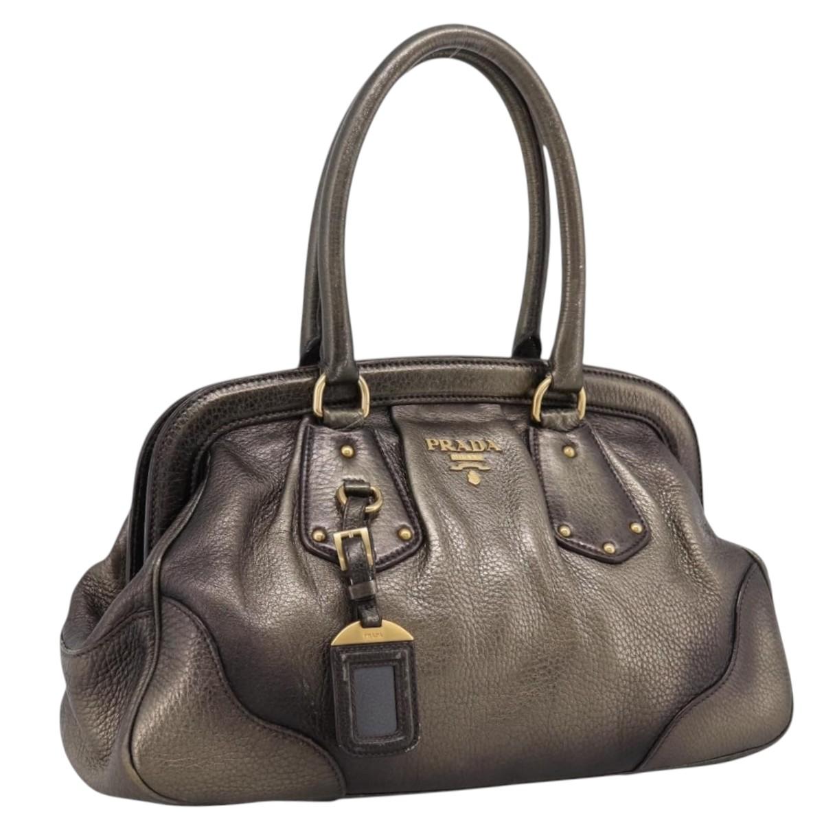 PRADA Hand Bag Leather Khaki Gold Auth ep15951