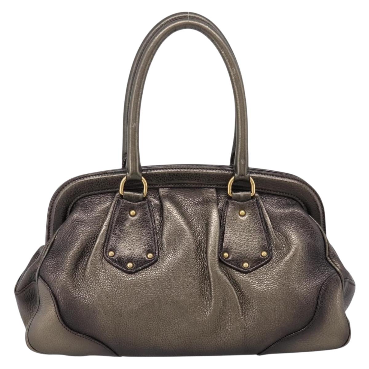 PRADA Hand Bag Leather Khaki Gold Auth ep15951