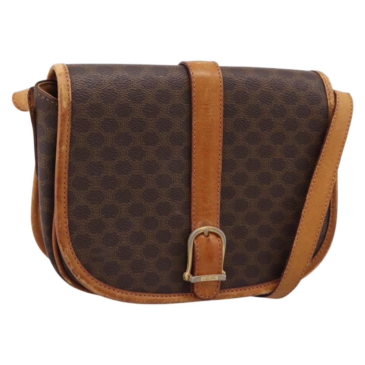 CELINE Macadam Canvas Shoulder Bag PVC Leather Brown Gold Auth ep15969