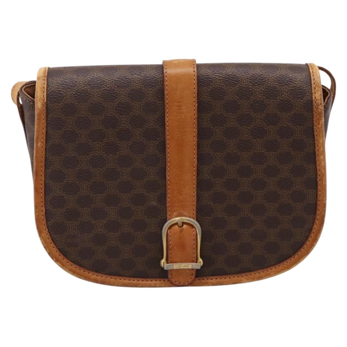 CELINE Macadam Canvas Shoulder Bag PVC Leather Brown Gold Auth ep15969