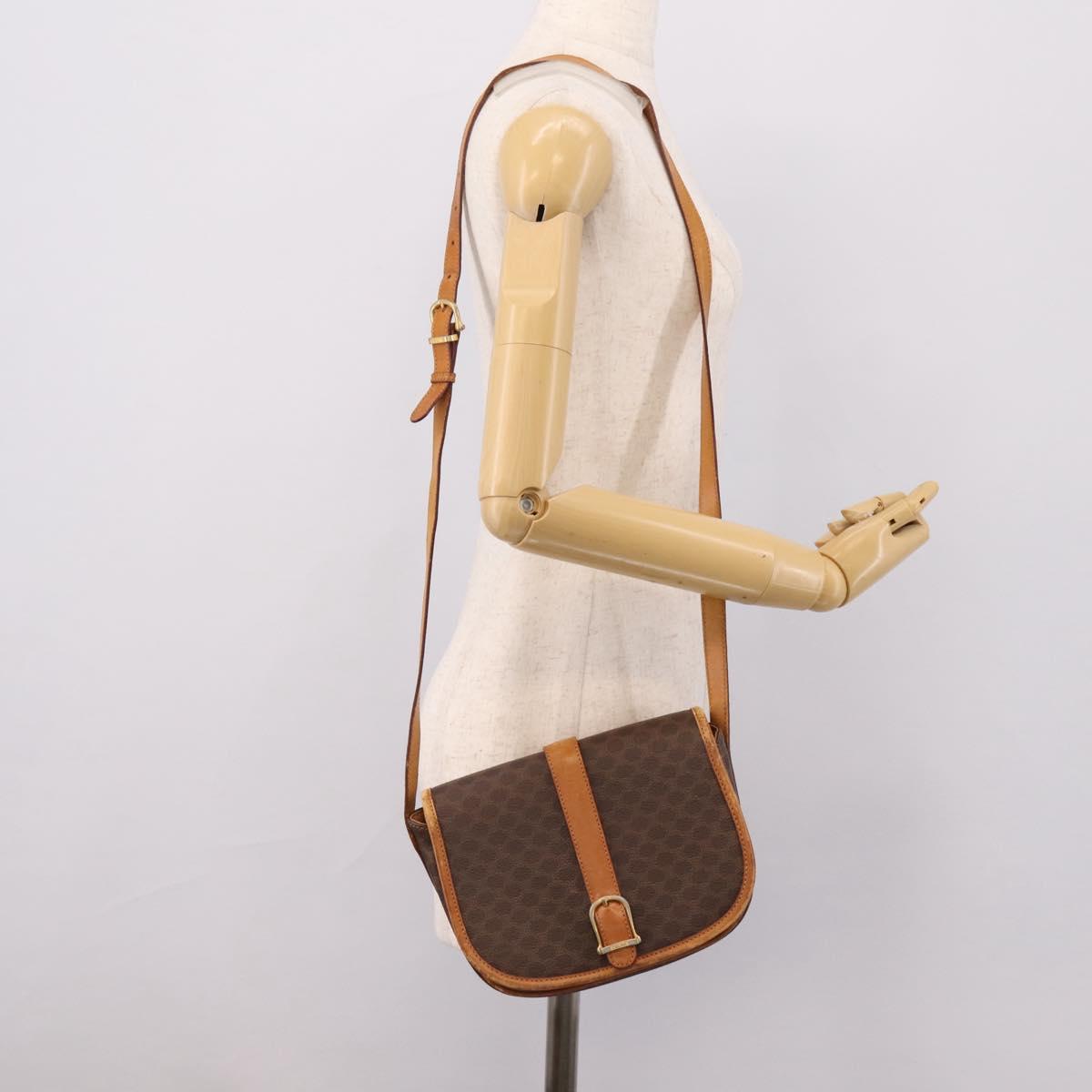 CELINE Macadam Canvas Shoulder Bag PVC Leather Brown Gold Auth ep15969