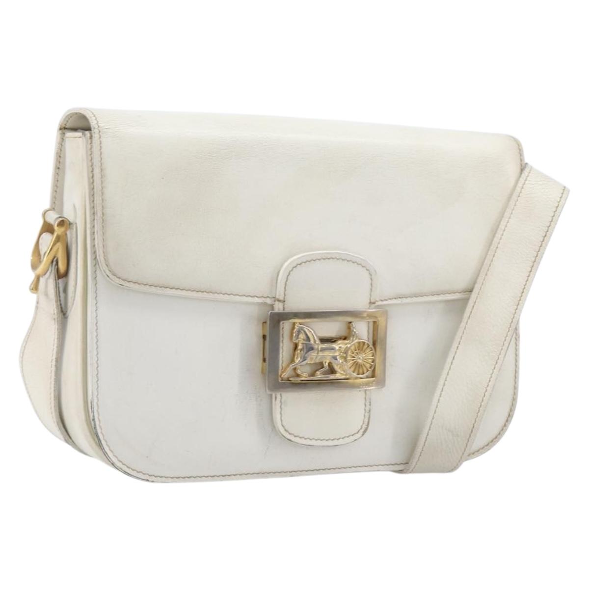 CELINE Shoulder Bag Leather White Gold Auth ep15980