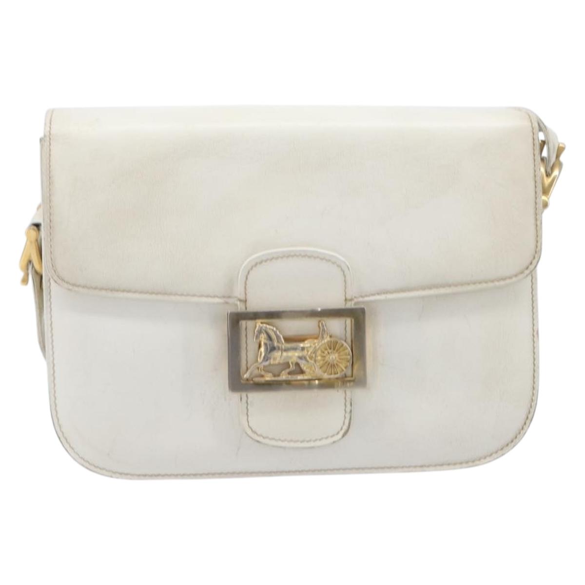 CELINE Shoulder Bag Leather White Gold Auth ep15980