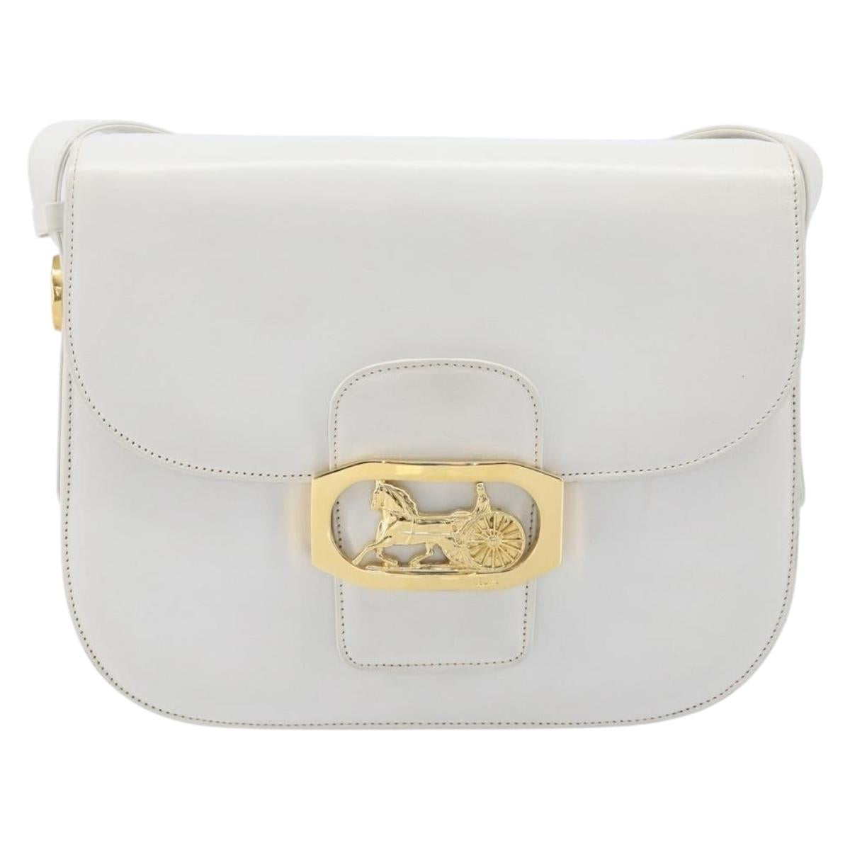 CELINE Shoulder Bag Leather White Gold Auth ep15998