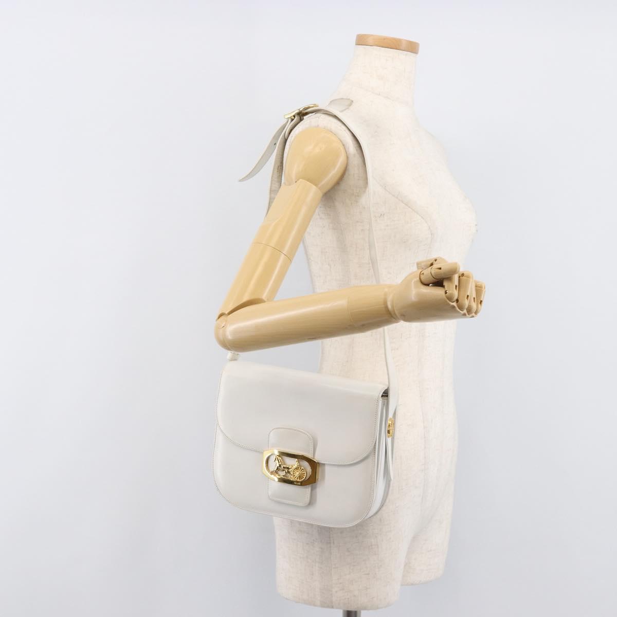 CELINE Shoulder Bag Leather White Gold Auth ep15998