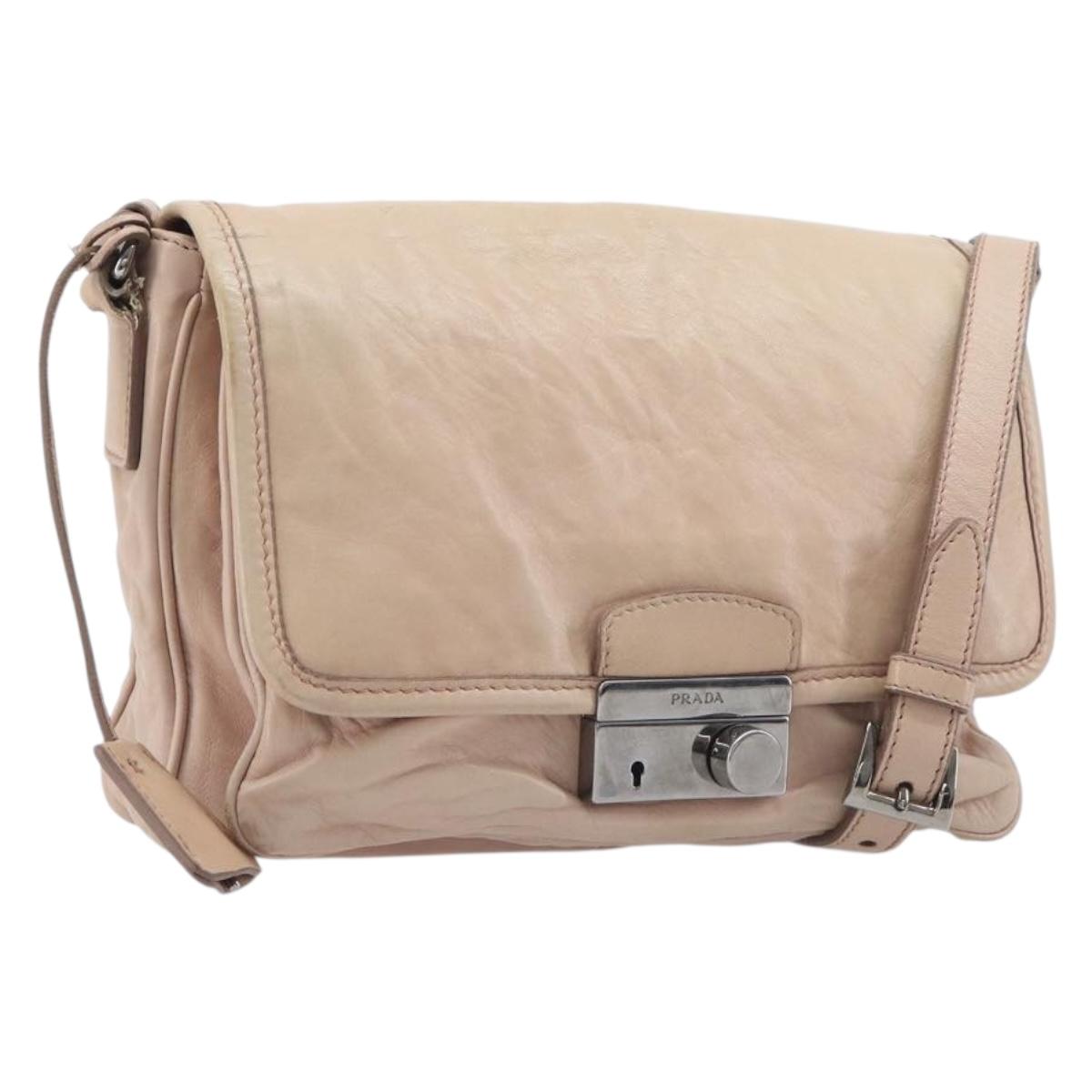 PRADA Shoulder Bag Leather Beige Silver Auth ep16017