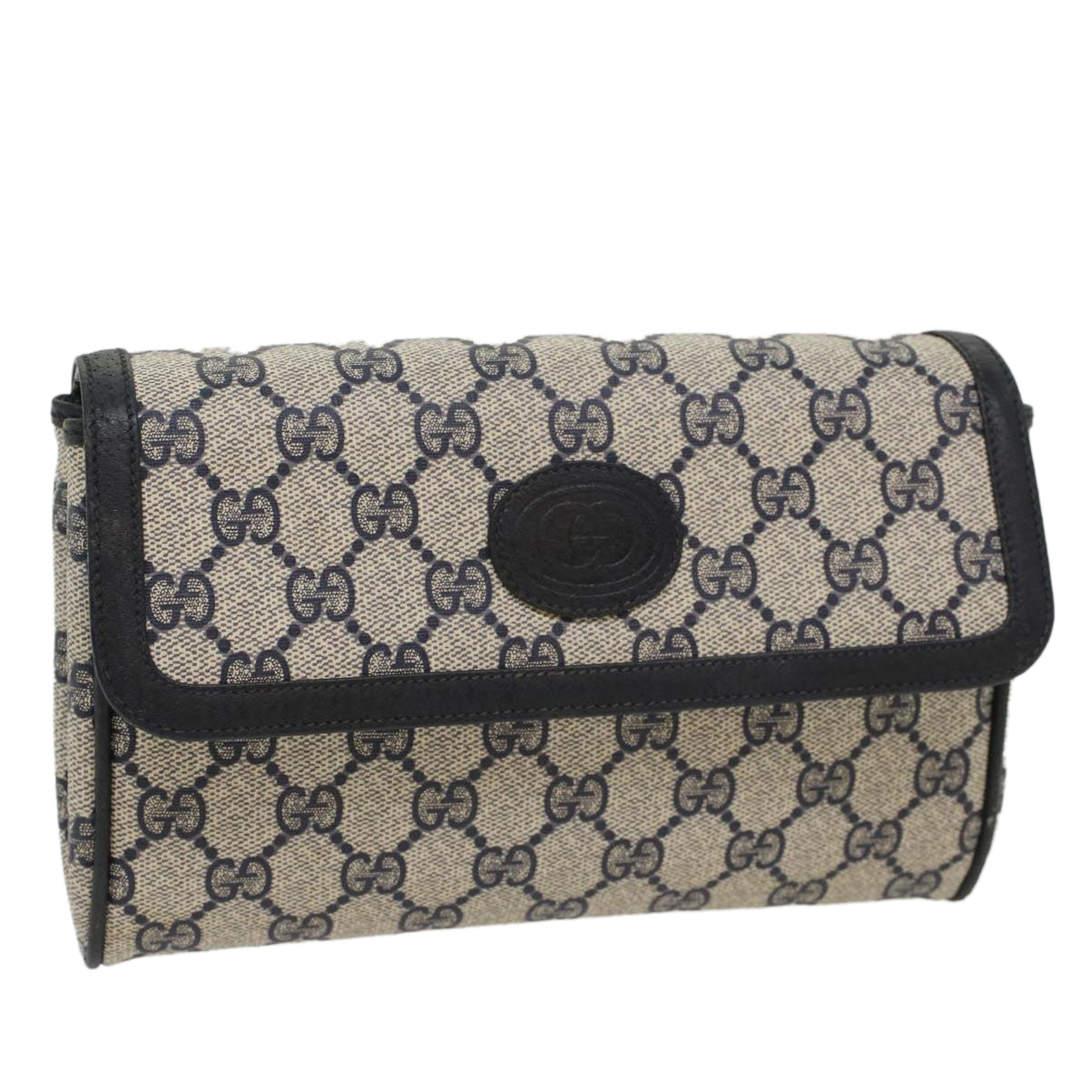 GUCCI GG Canvas Pouch PVC Leather Gray Navy Auth ep1605