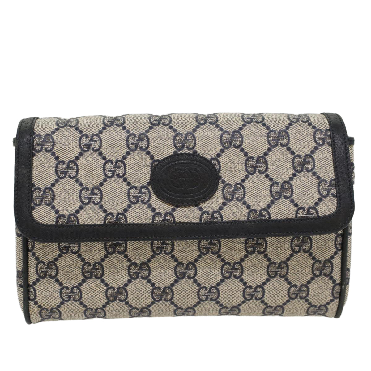 GUCCI GG Canvas Pouch PVC Leather Gray Navy Auth ep1605