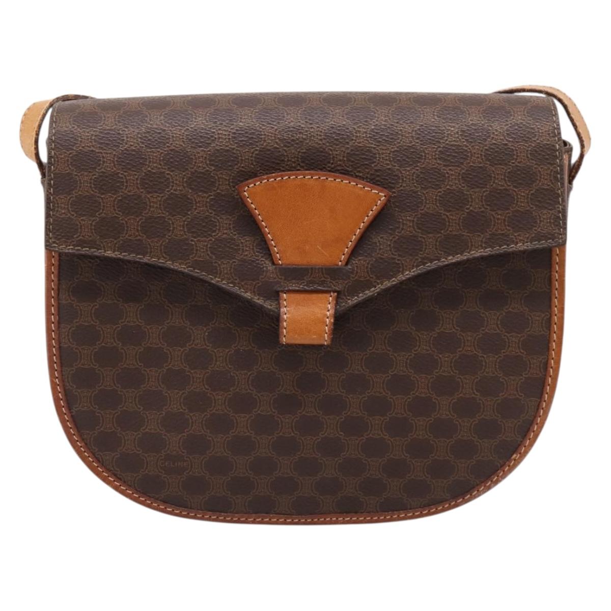 CELINE Macadam Canvas Shoulder Bag PVC Leather Brown Gold Auth ep16065