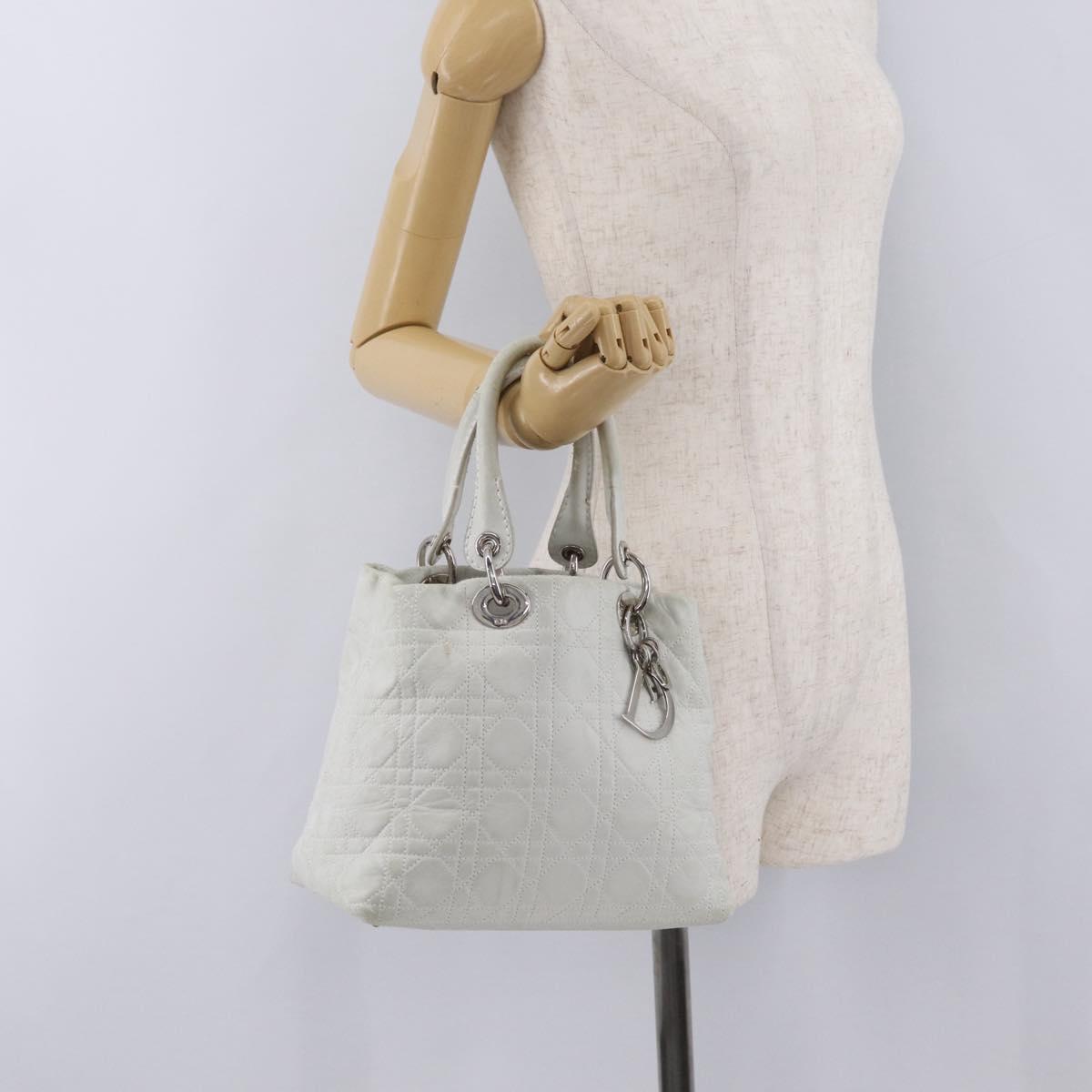 Christian Dior Lady Dior Canage Hand Bag Leather White Silver Auth ep16079