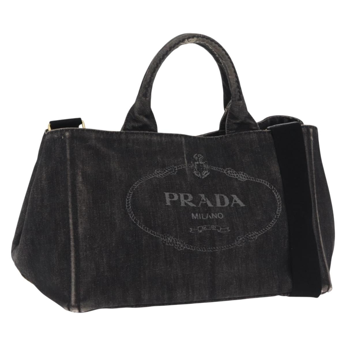 PRADA Canapa MM Hand Bag Canvas 2way Black Gold Auth ep16090