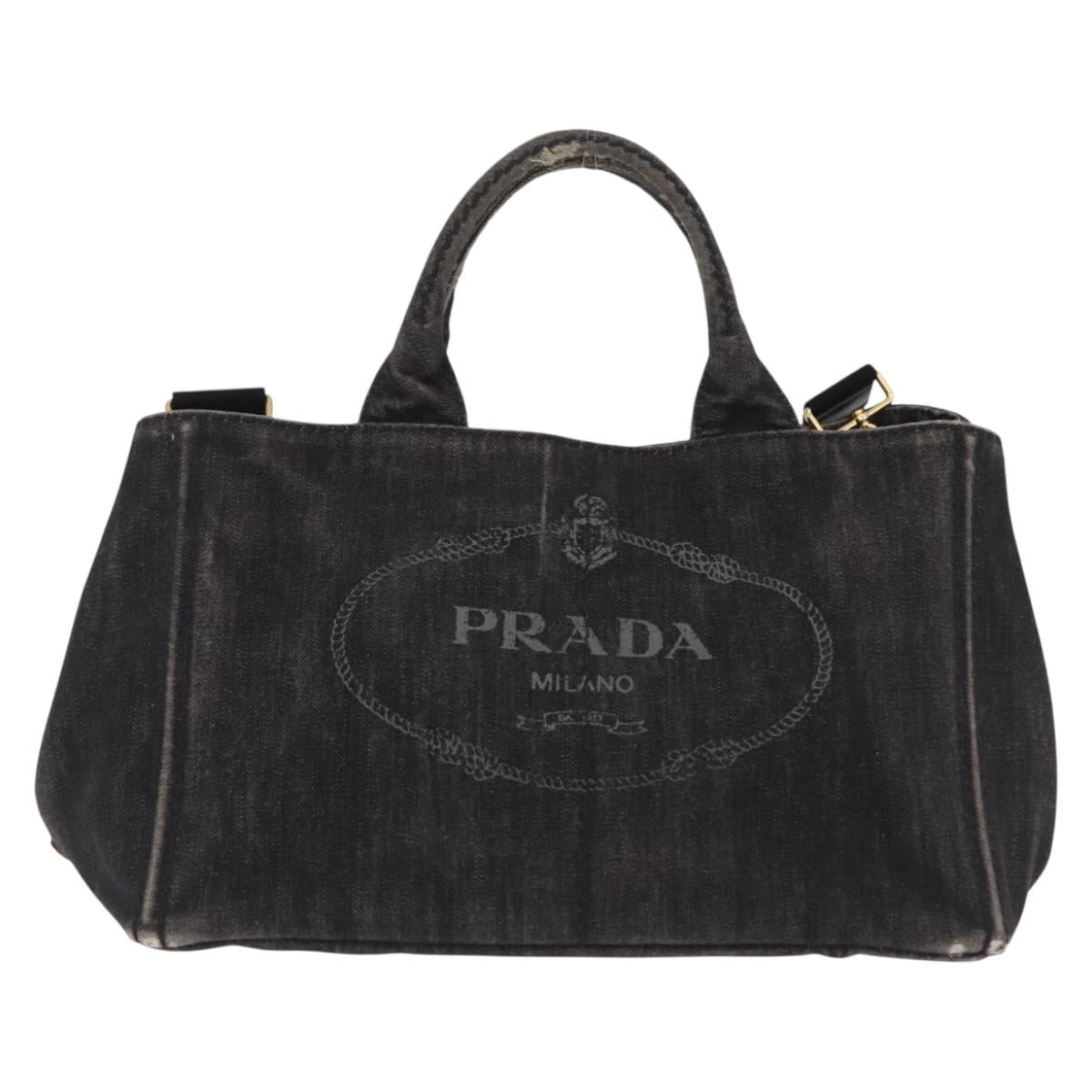 PRADA Canapa MM Hand Bag Canvas 2way Black Gold Auth ep16090