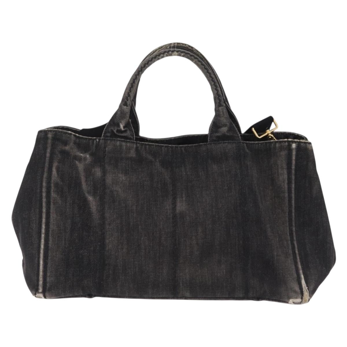 PRADA Canapa MM Hand Bag Canvas 2way Black Gold Auth ep16090