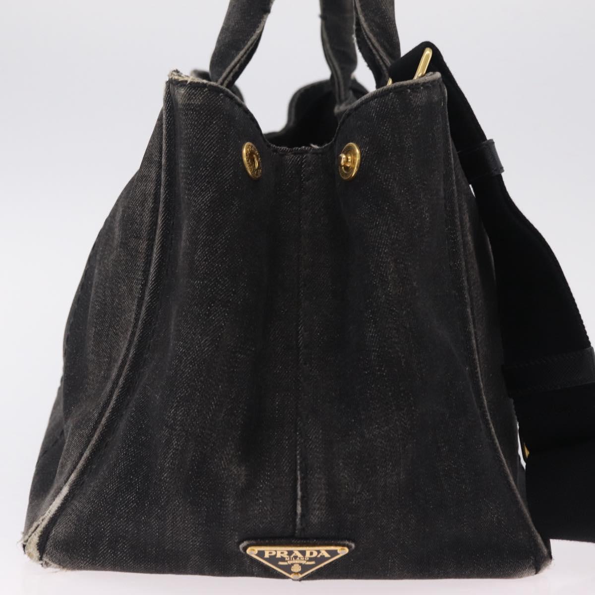 PRADA Canapa MM Hand Bag Canvas 2way Black Gold Auth ep16090