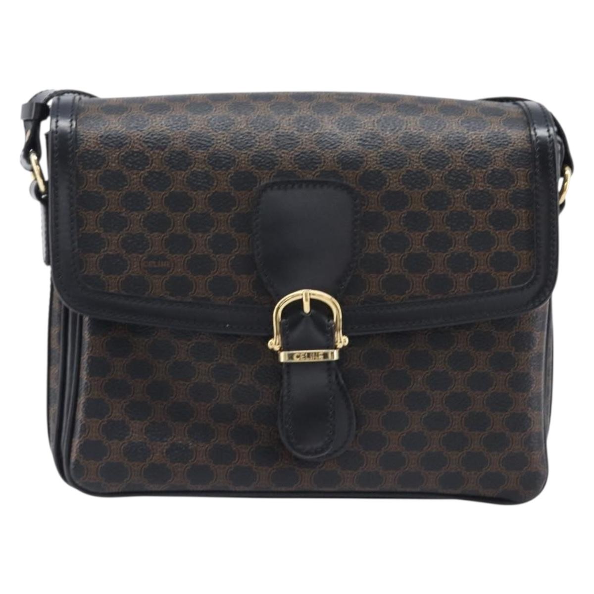 CELINE Macadam Canvas Shoulder Bag PVC Leather Black Gold Auth ep16100