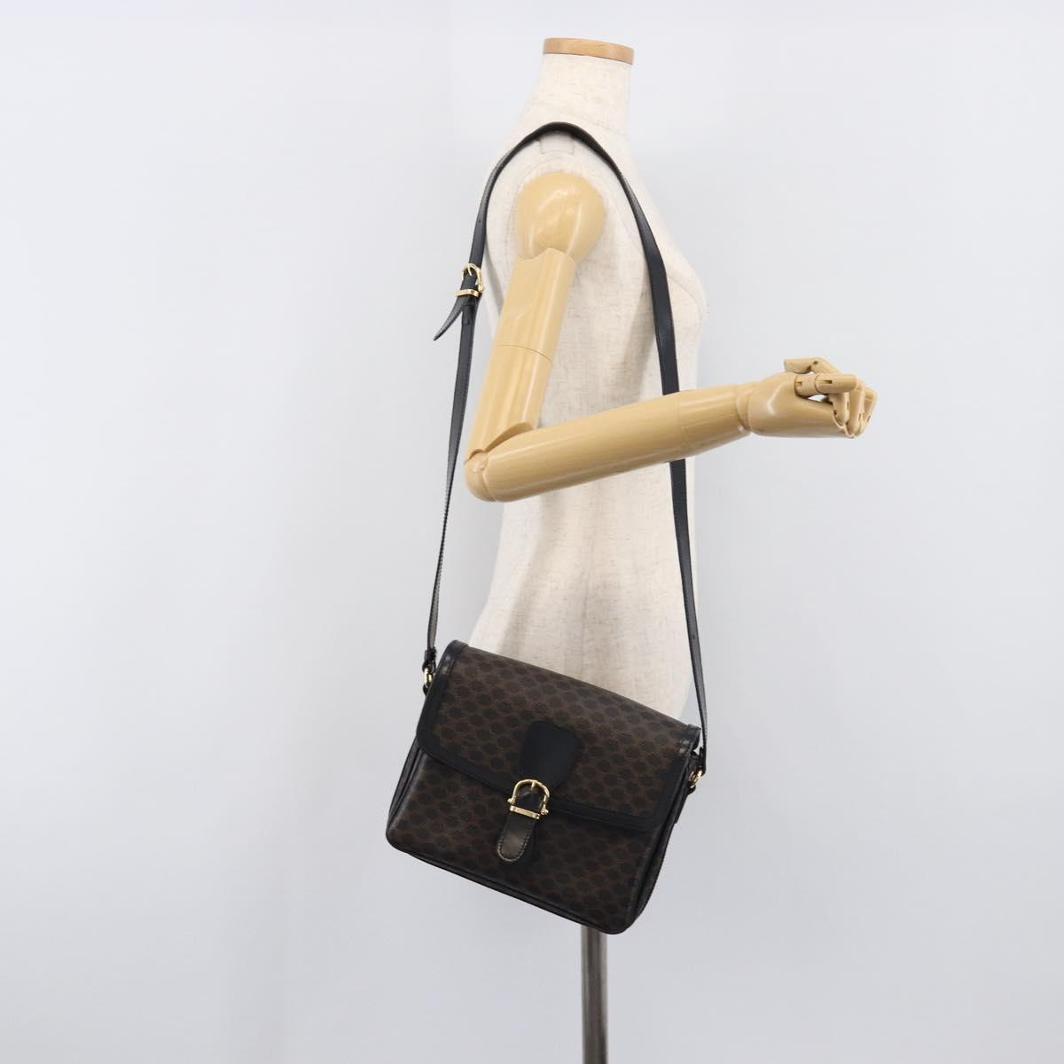 CELINE Macadam Canvas Shoulder Bag PVC Leather Black Gold Auth ep16100