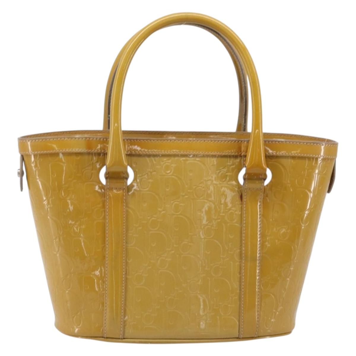 Christian Dior Trotter Canvas Hand Bag Patent leather Beige Silver Auth ep16107