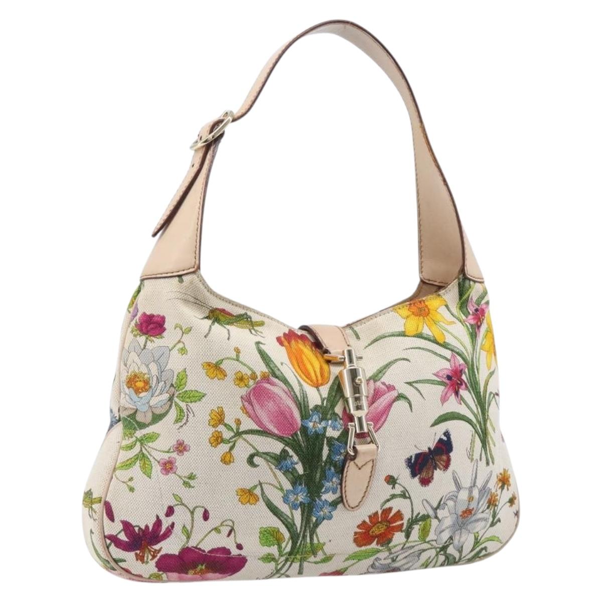 GUCCI Jackie Flora Shoulder Bag Canvas Beige Gold 137335 Auth ep16112