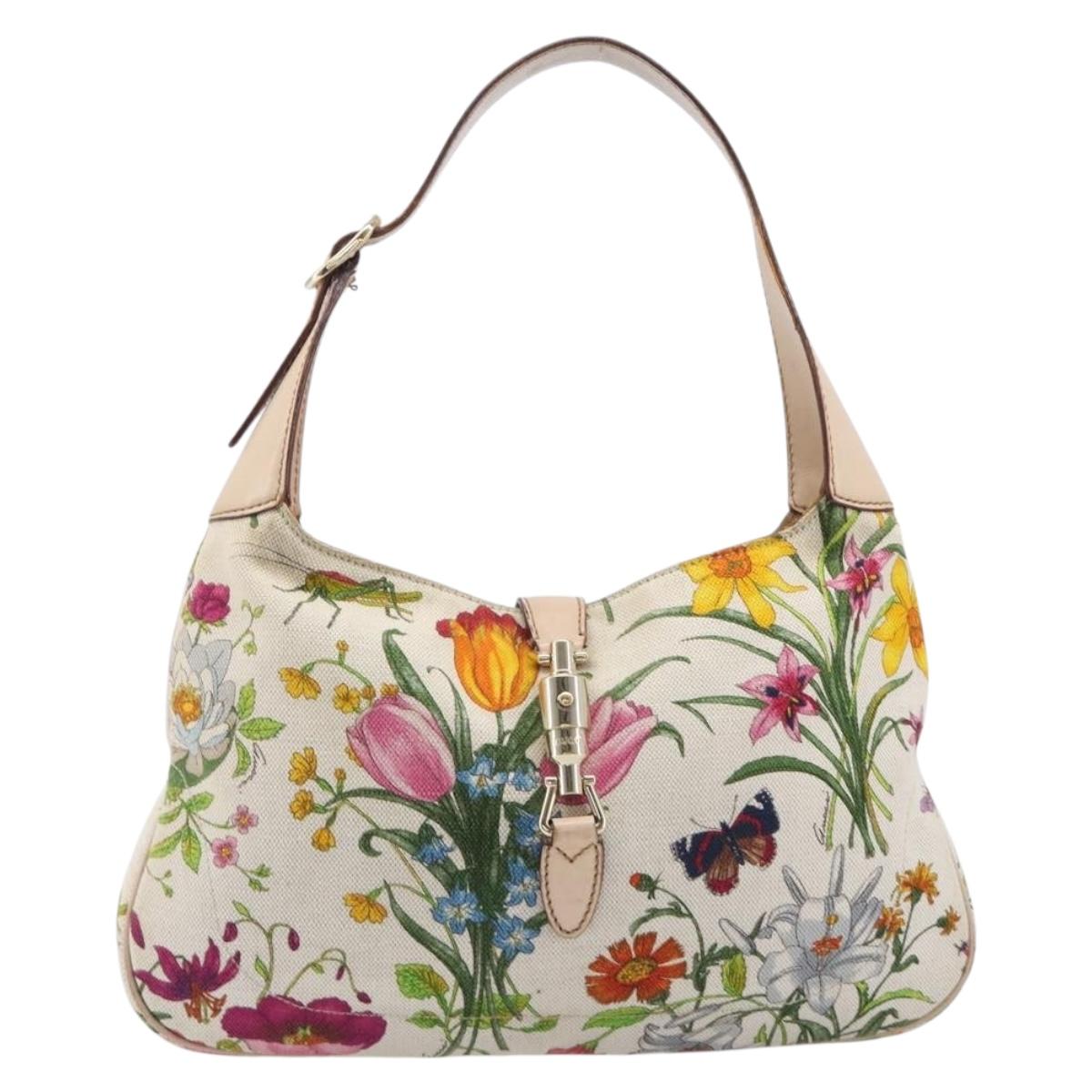 GUCCI Jackie Flora Shoulder Bag Canvas Beige Gold 137335 Auth ep16112