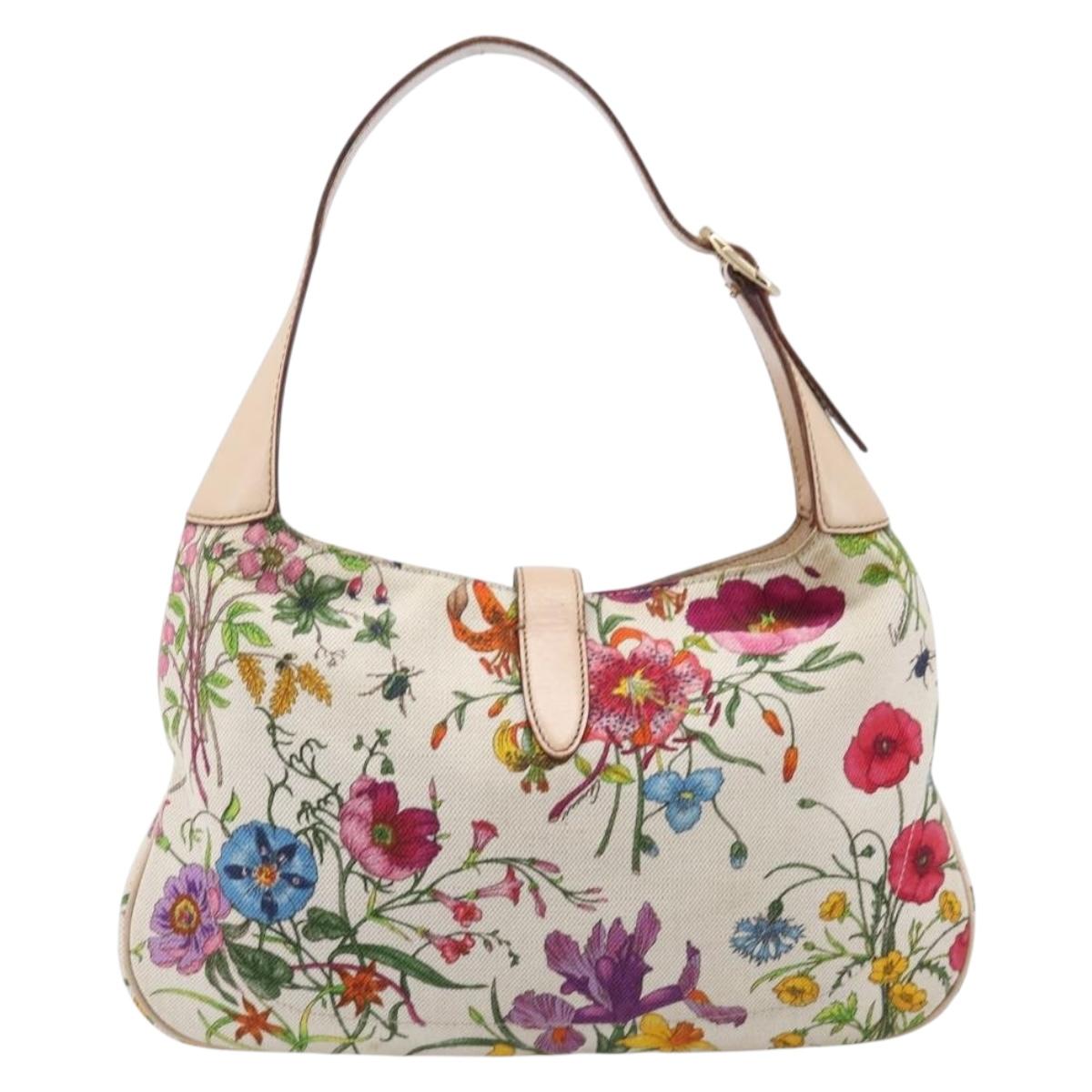 GUCCI Jackie Flora Shoulder Bag Canvas Beige Gold 137335 Auth ep16112