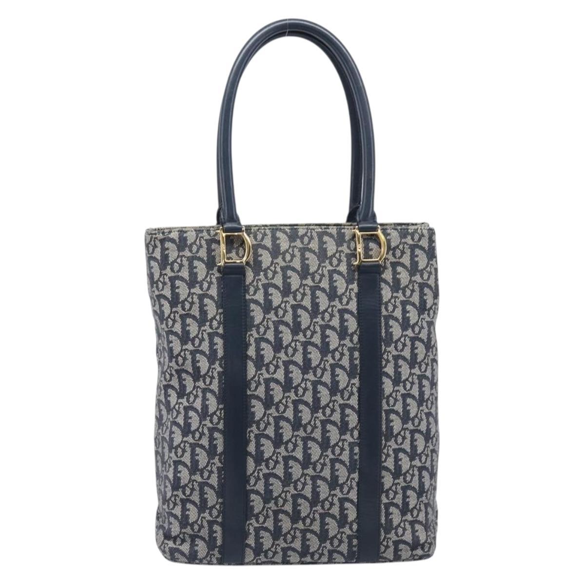 Christian Dior Trotter Canvas Hand Bag Navy Gold Auth ep16121