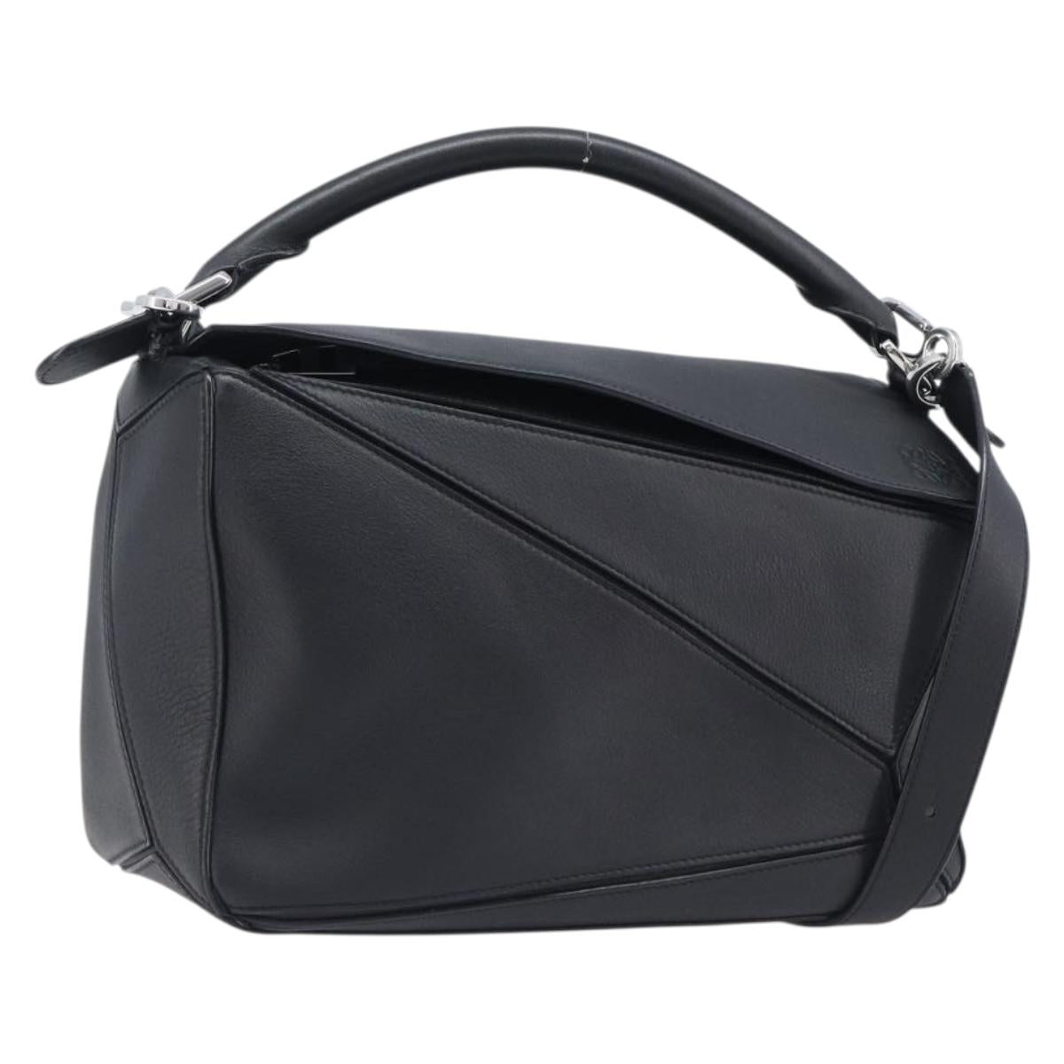 LOEWE Puzzle Bag Hand Bag Leather 2way Black Silver Auth ep16128M