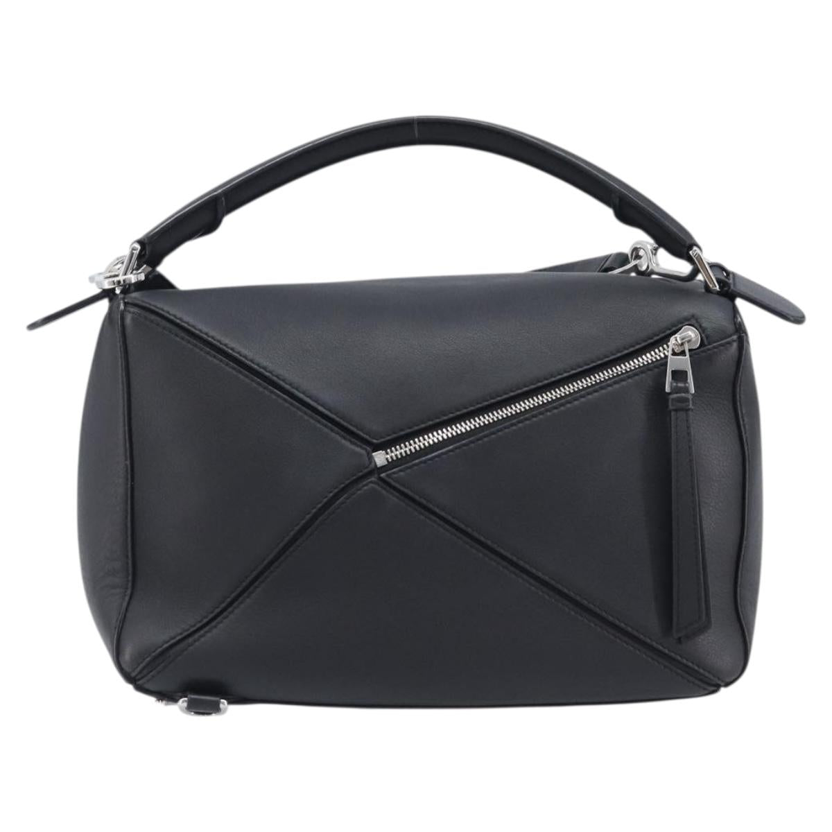 LOEWE Puzzle Bag Hand Bag Leather 2way Black Silver Auth ep16128M
