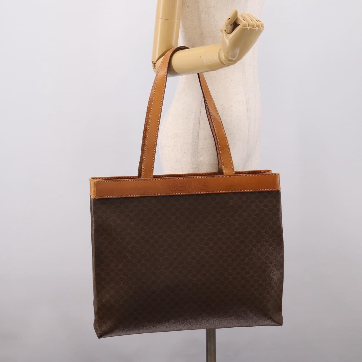 CELINE Macadam Canvas Tote Bag PVC Leather Brown Gold Auth ep16157