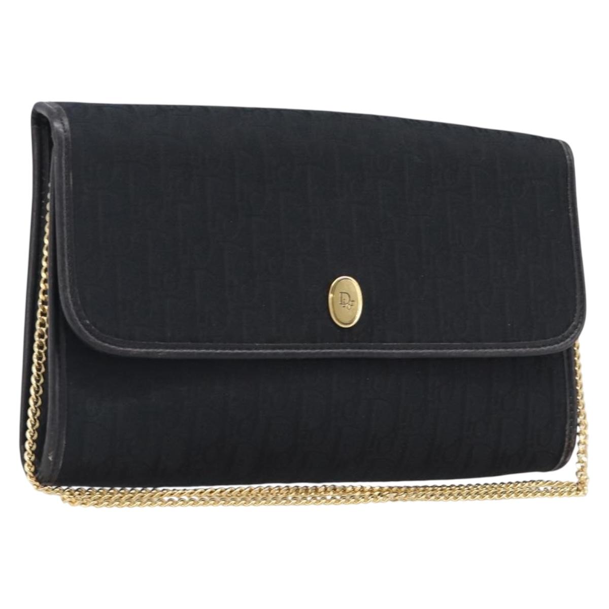 Christian Dior Trotter Canvas Chain Shoulder Bag Black Gold Auth ep16160