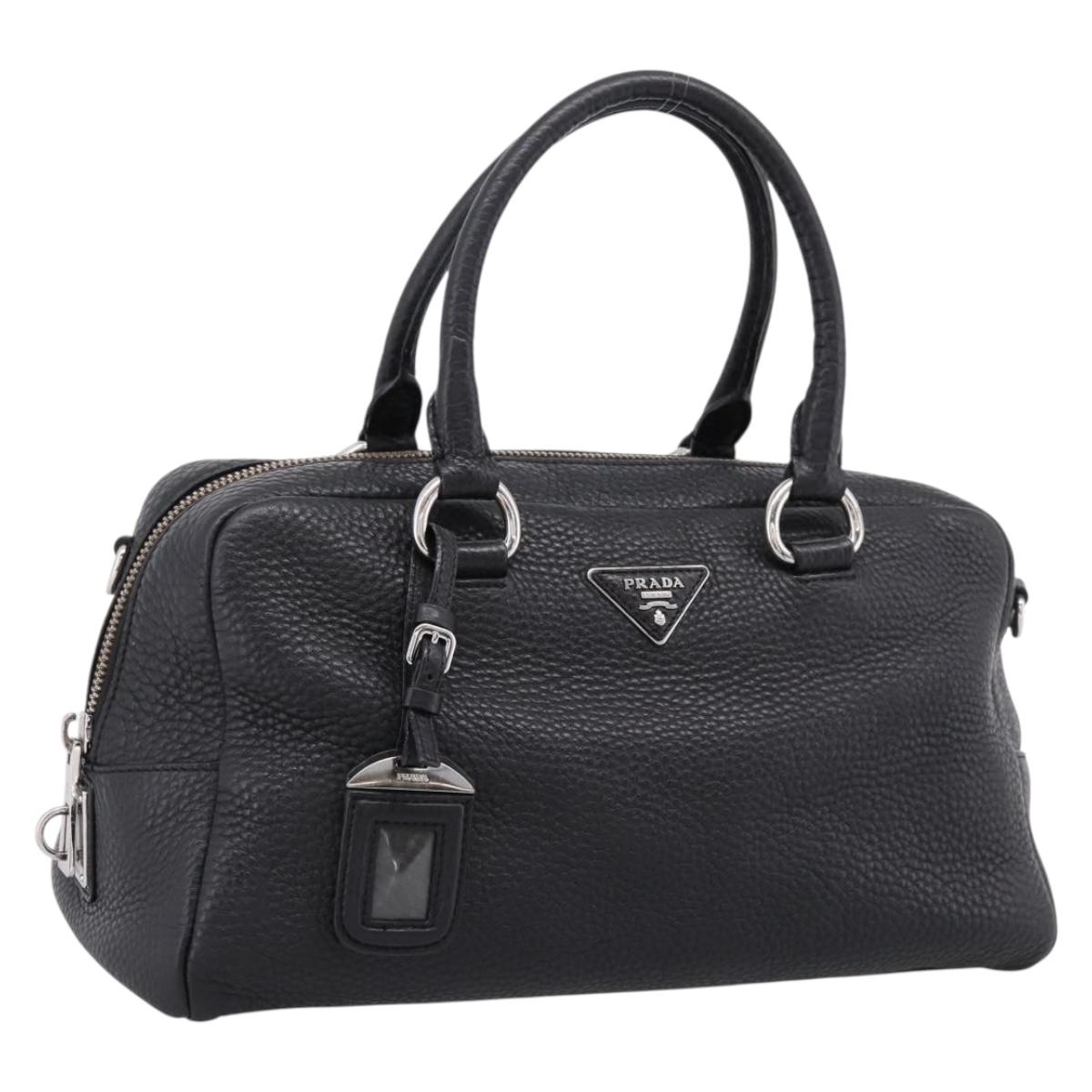 PRADA Hand Bag Leather Black Silver Auth ep16195A