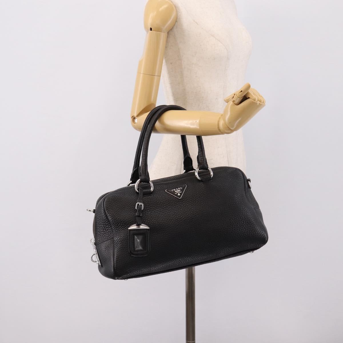 PRADA Hand Bag Leather Black Silver Auth ep16195A