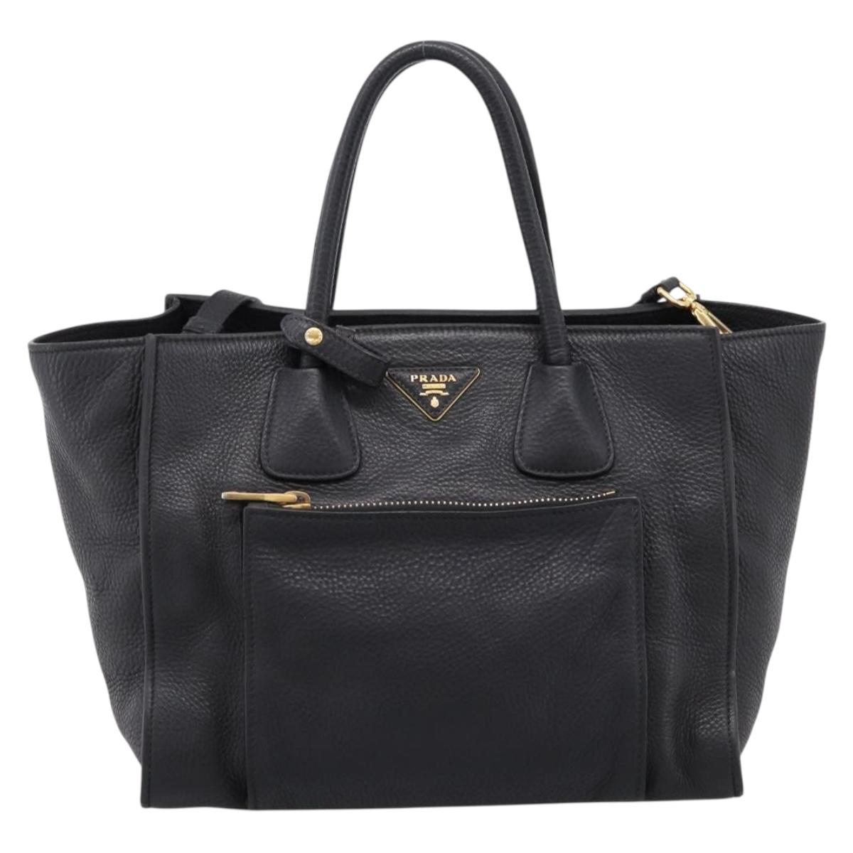 PRADA Hand Bag Leather 2way Black Gold Auth ep16198V