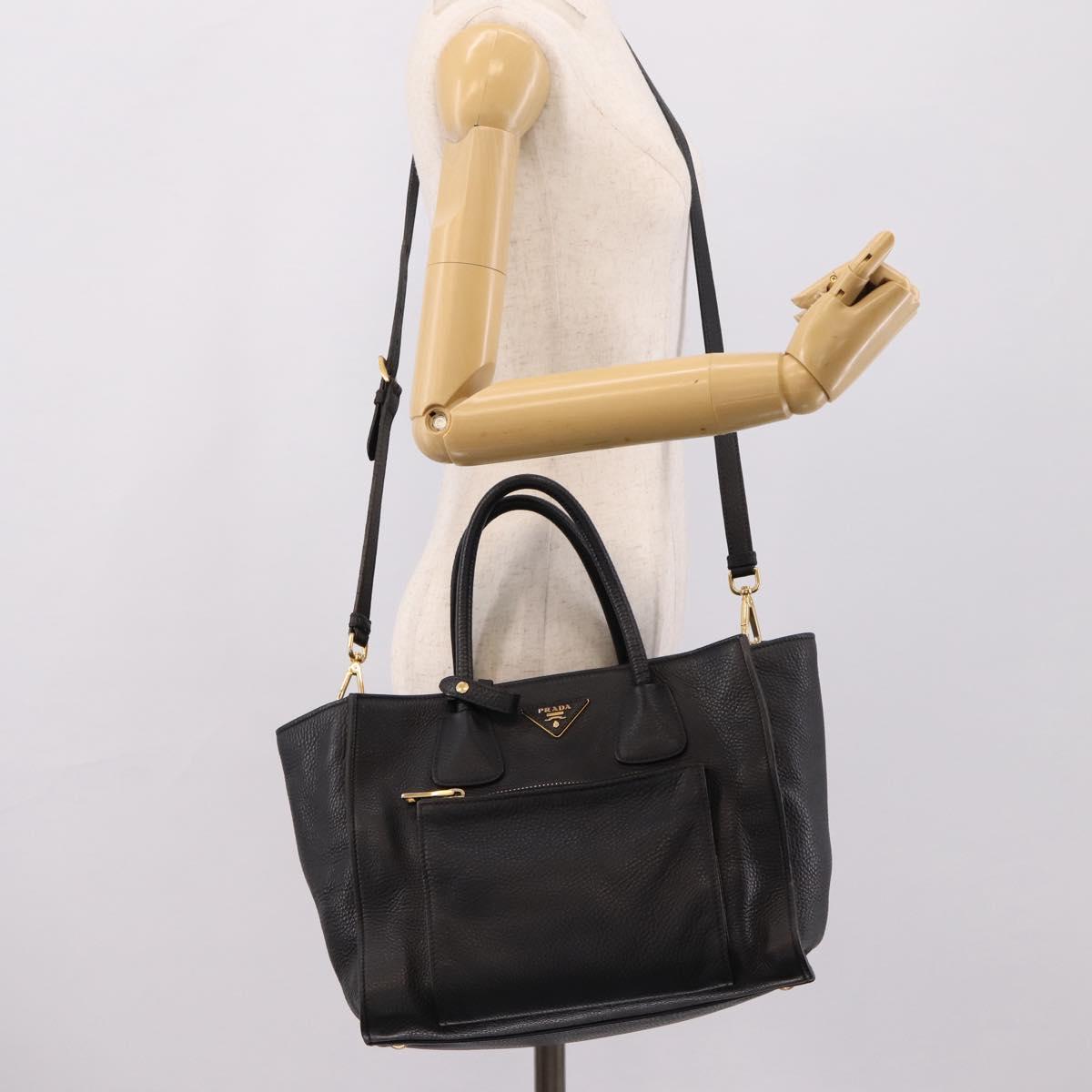 PRADA Hand Bag Leather 2way Black Gold Auth ep16198V