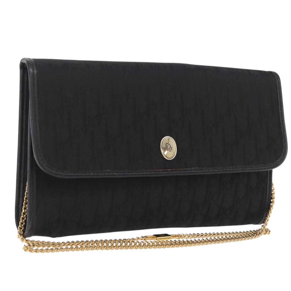 Christian Dior Trotter Canvas Chain Shoulder Bag Black Gold Auth ep16211