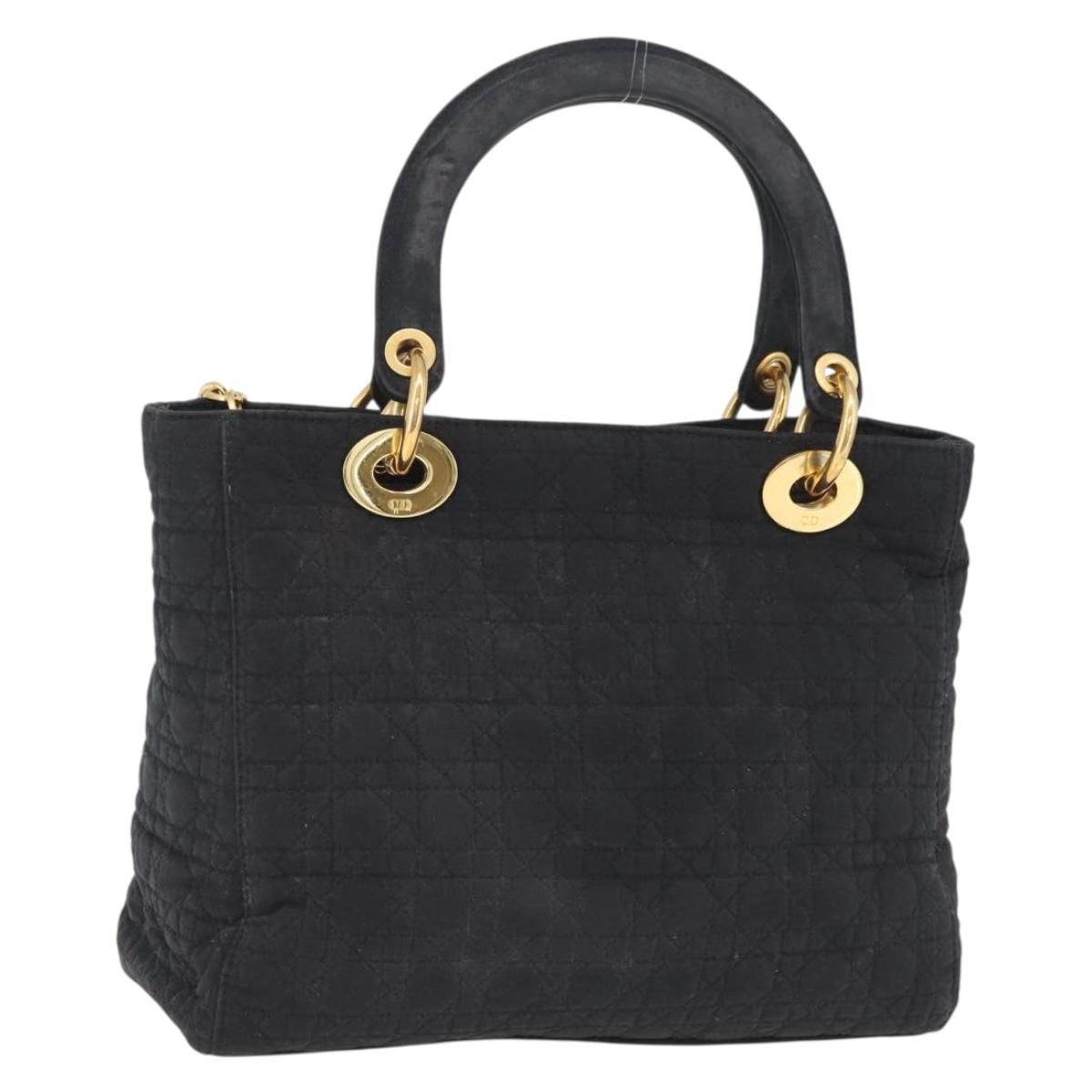 Christian Dior Lady Dior Canage Hand Bag Canvas Black Gold Auth ep16214