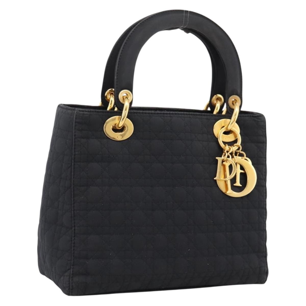 Christian Dior Lady Dior Canage Hand Bag Canvas Black Gold Auth ep16219