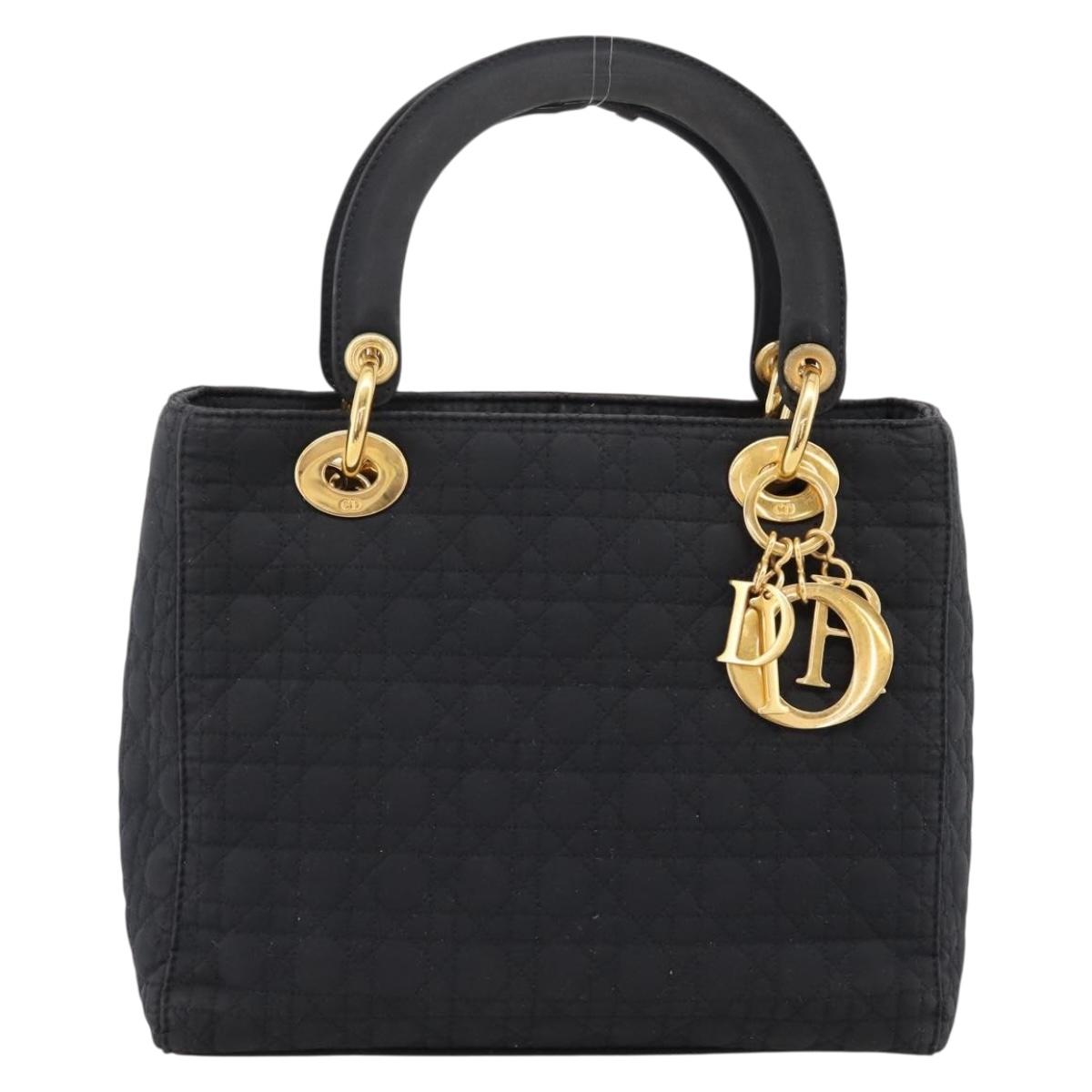 Christian Dior Lady Dior Canage Hand Bag Canvas Black Gold Auth ep16219