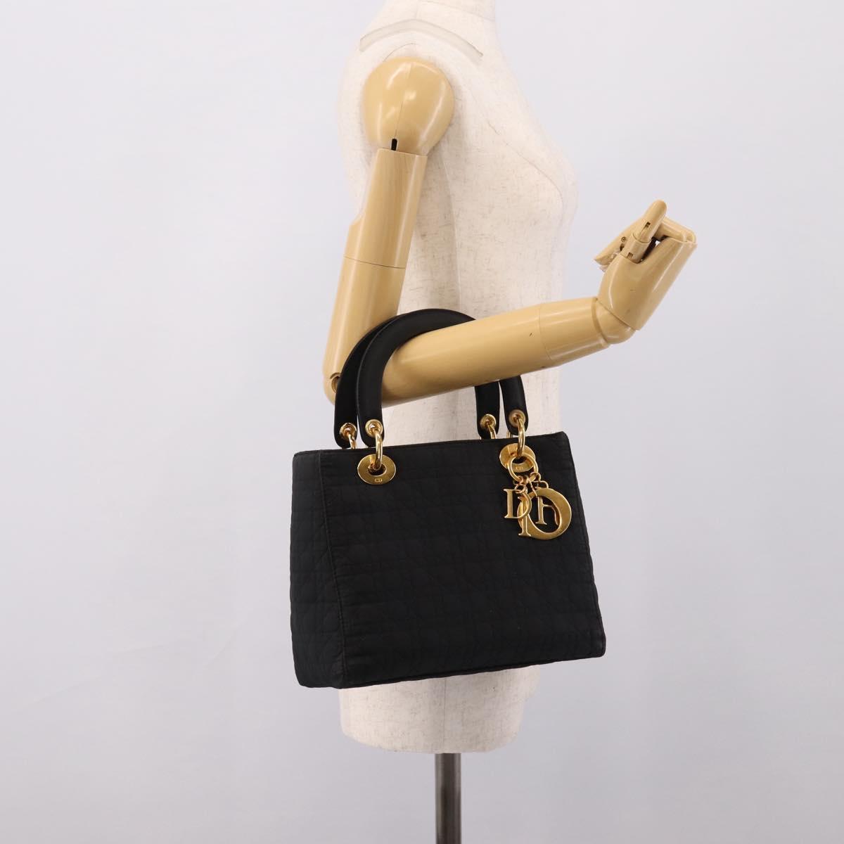 Christian Dior Lady Dior Canage Hand Bag Canvas Black Gold Auth ep16219