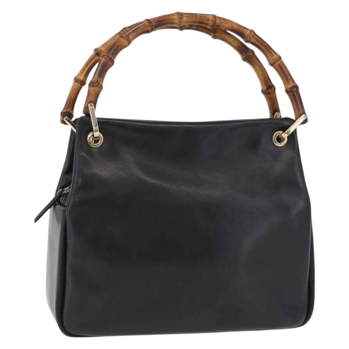 GUCCI Bamboo Hand Bag Leather Black Gold 000 2865 0575 Auth ep16220